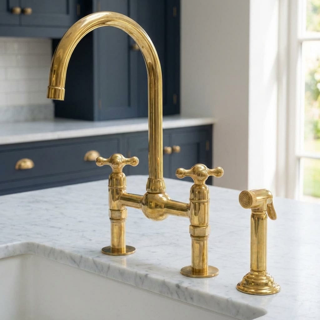 Luxury Unlacquered Brass Bridge Faucet for Kitchen Island