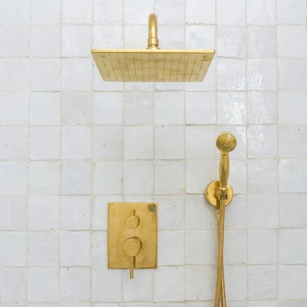 Luxury Unlacquered Brass Rain Shower System – Wall Mounted with Handheld Sprayer