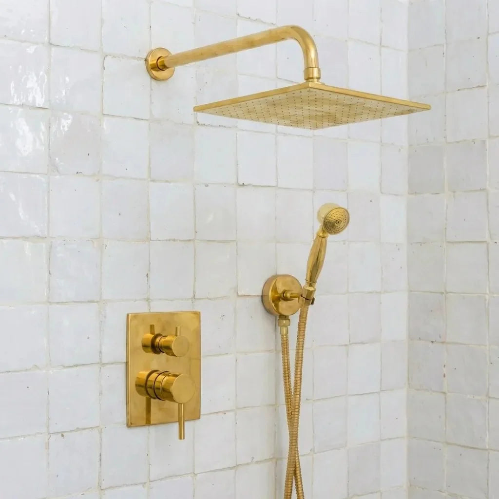Luxury Unlacquered Brass Rain Shower System – Wall Mounted with Handheld Sprayer