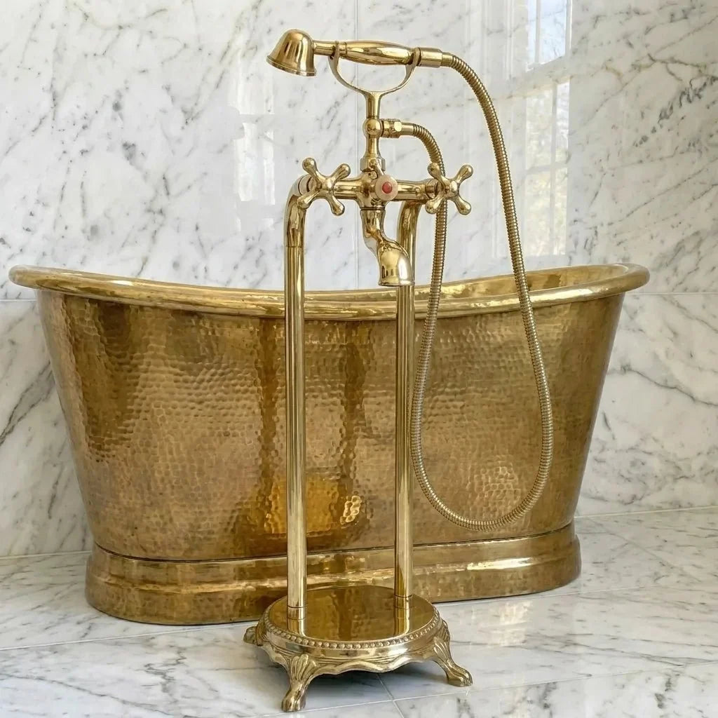 Luxury Unlacquered Brass Tub Filler – Floor Standing Bathtub Faucet Set