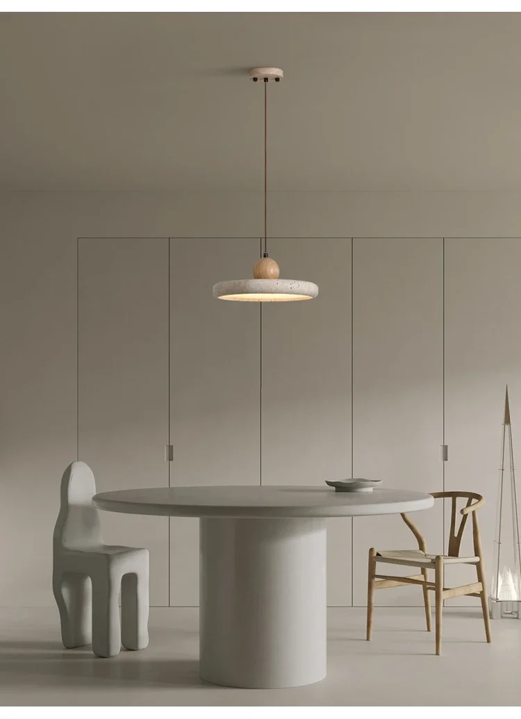 Mannelli Wabi Sabi Circular Travertine Strone and Wood Pendant Light