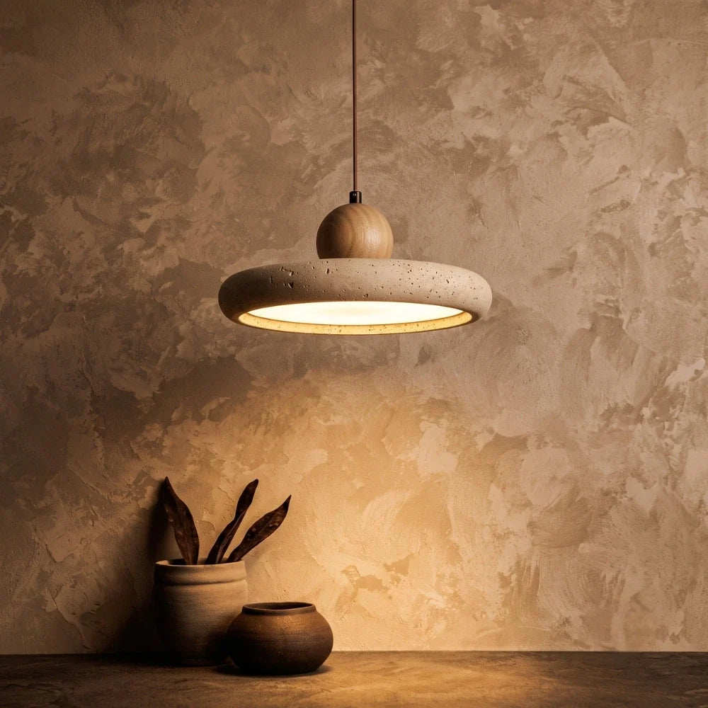 Mannelli Wabi Sabi Circular Travertine Strone and Wood Pendant Light