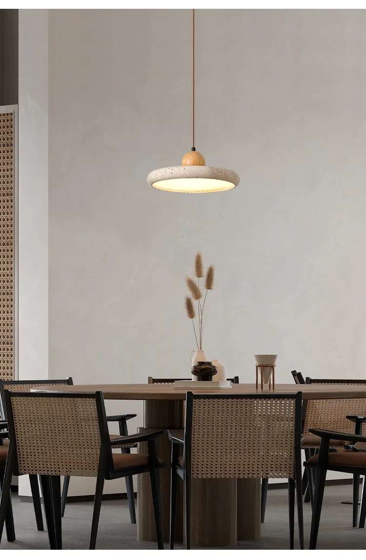 Mannelli Wabi Sabi Circular Travertine Strone and Wood Pendant Light