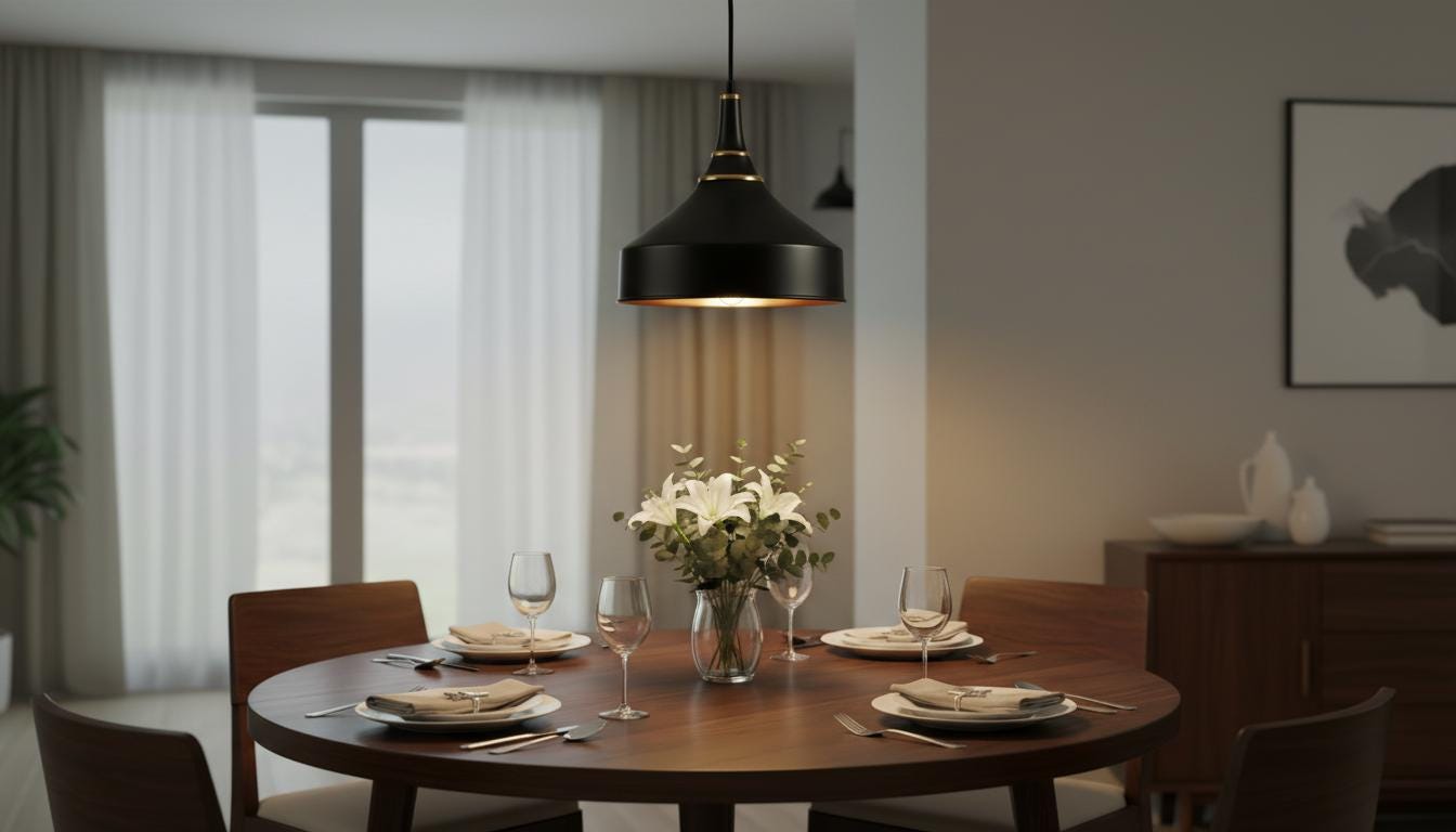 Matte Black & Brass Dome Pendant Light - Mid Century Ceiling Lamp