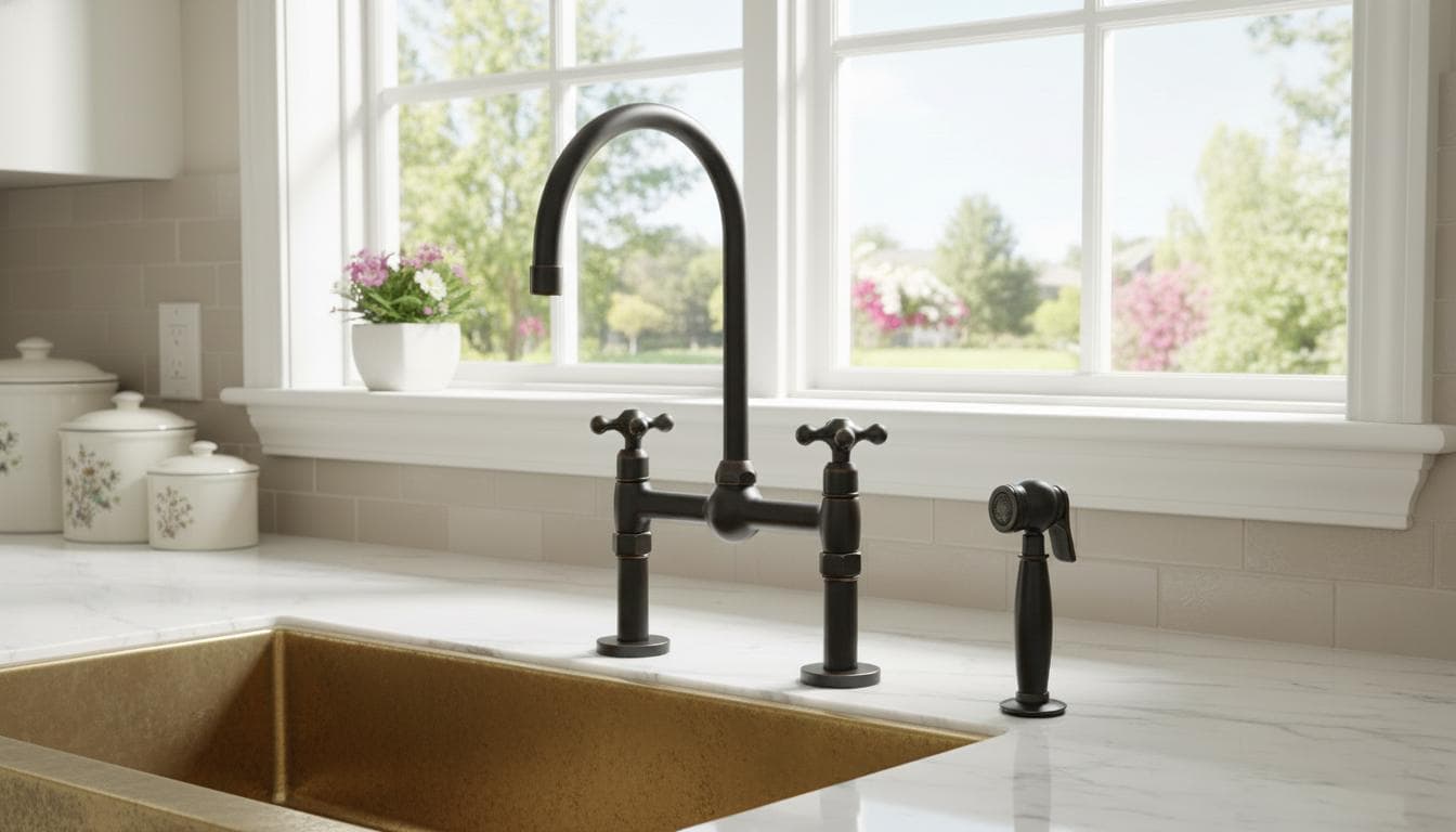 Matte Black Bridge Kitchen Faucet - Solid Brass Farmhouse Fixture