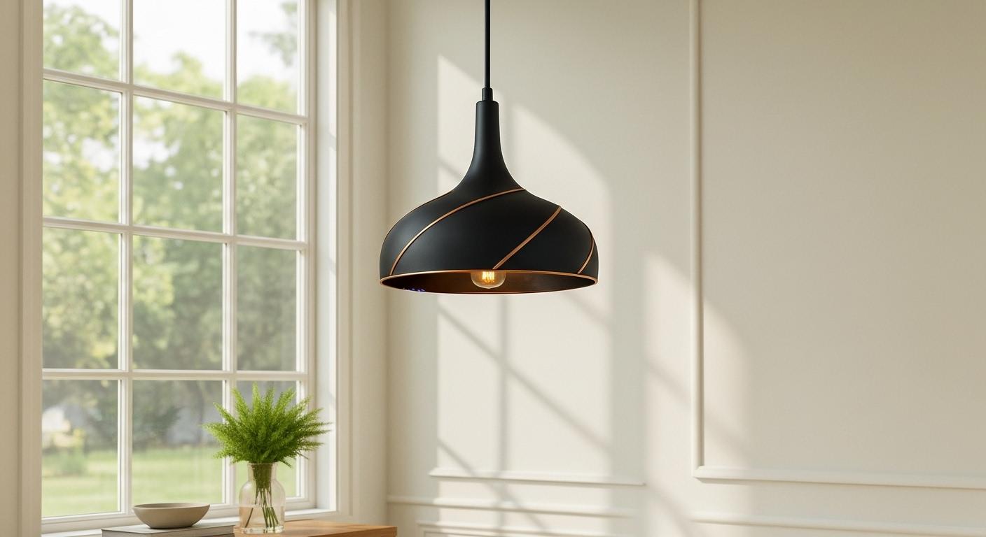 Modern Black Pendant Light: Copper Spiral Detail, Adjustable Height