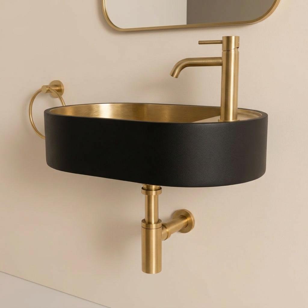 Modern Brass Wall Mount Sink, Black Brass Washbasin - Pill Shaped Powder Room Basin, Bathroom Floating Sink, Two Tone Lavatory