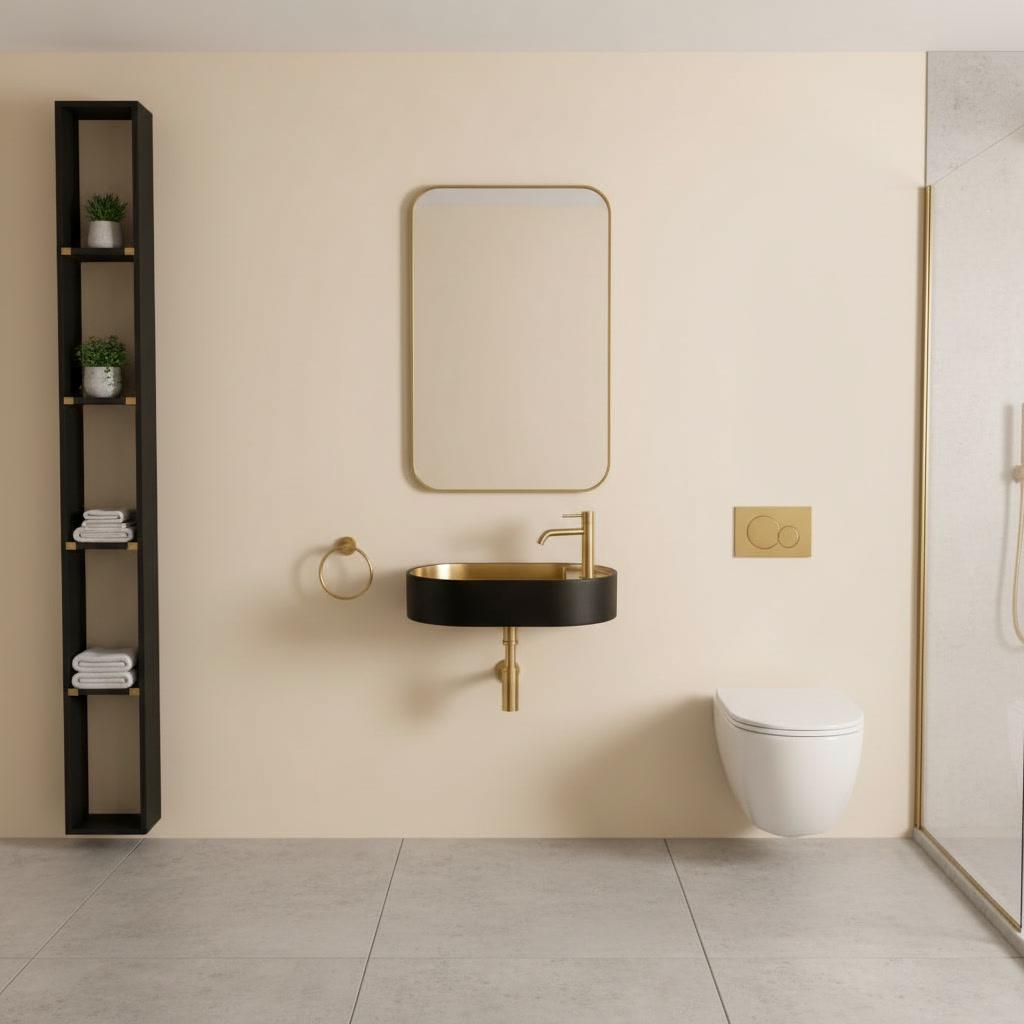 Modern Brass Wall Mount Sink, Black Brass Washbasin - Pill Shaped Powder Room Basin, Bathroom Floating Sink, Two Tone Lavatory