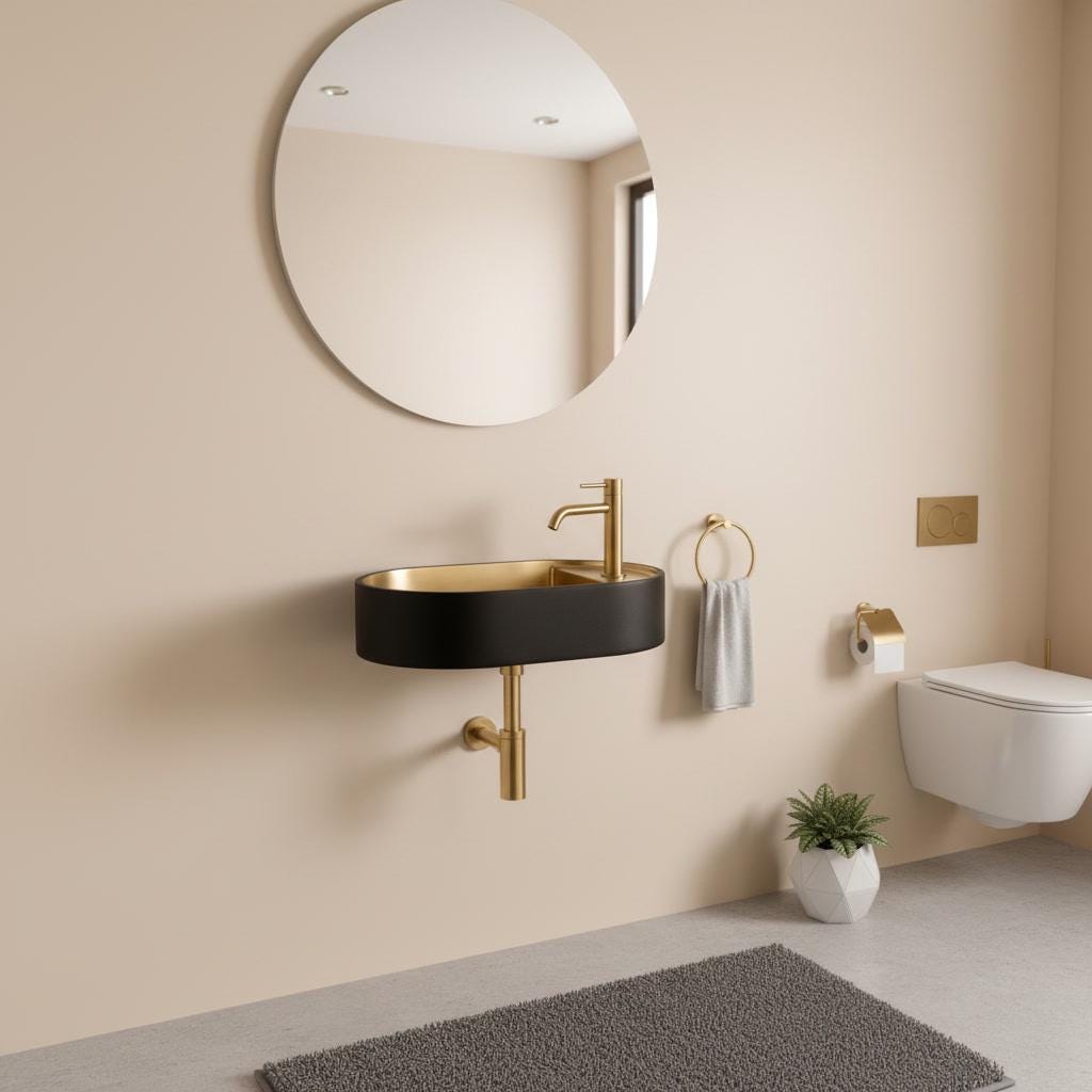 Modern Brass Wall Mount Sink, Black Brass Washbasin - Pill Shaped Powder Room Basin, Bathroom Floating Sink, Two Tone Lavatory