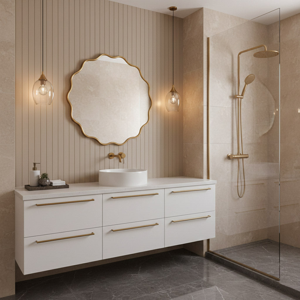 Varaudu Round Wavy Mirrors - Antique Brass Bathroom Mirror, Vanity Wall Decor