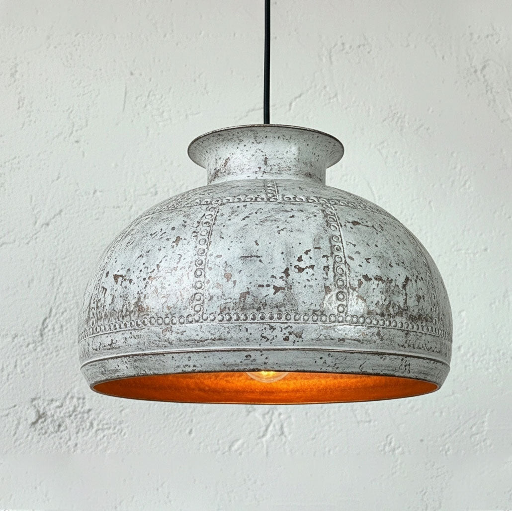 White Patina Copper Dome Pendant – Handmade Rustic Farmhouse Light
