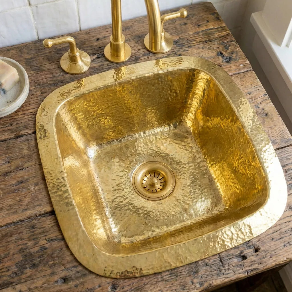 Square Hammered Brass Undermount Sink – Solid Unlacquered Brass Basin