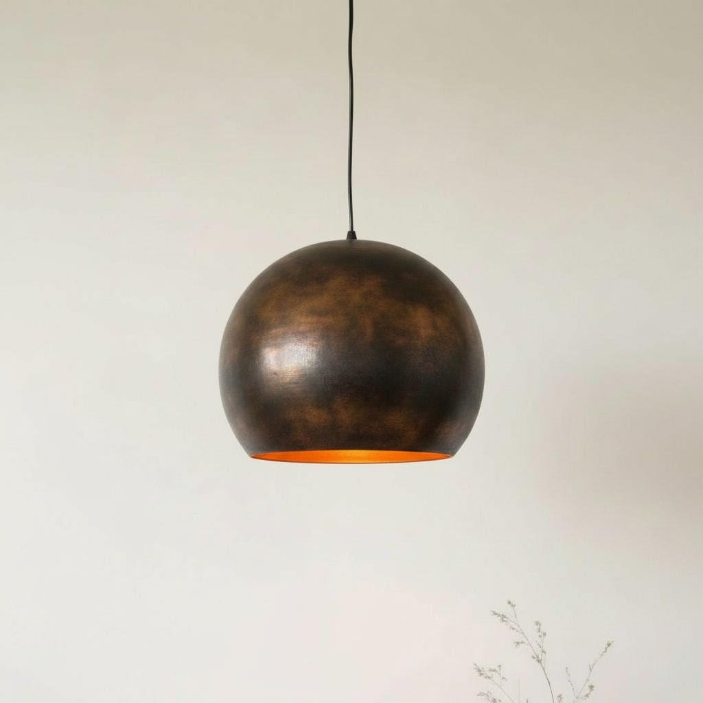 Oil Rubbed Brass Pendant Lamp - Black Dome Ceiling Light - Modern Industrial Kitchen Island Fixture - Rustic Wabi Sabi Dining Room Decor