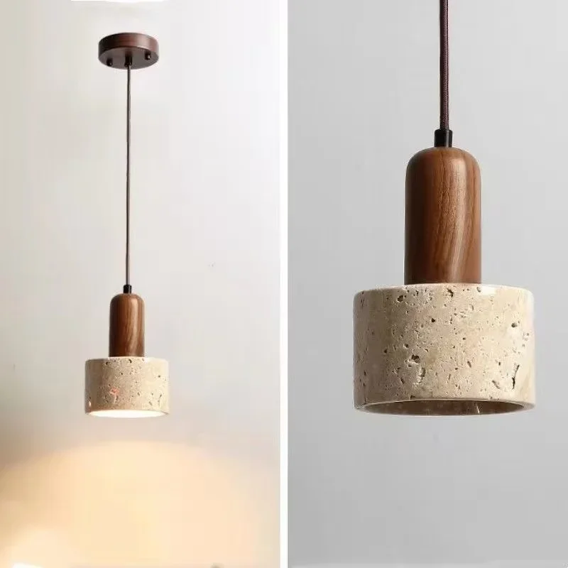 Ora Wabi Sabi Cylinder Travertine Stone and Wood Pendant Light