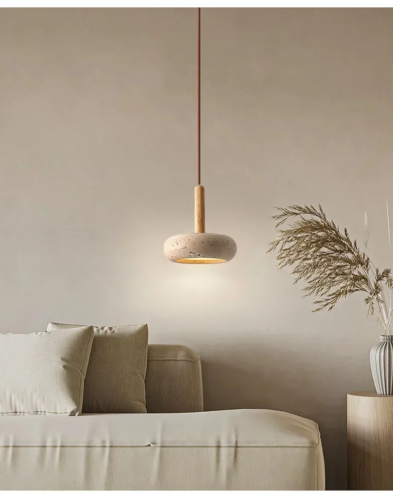 Osho Wabi Sabi Round Travertine and Wood Pendant Light