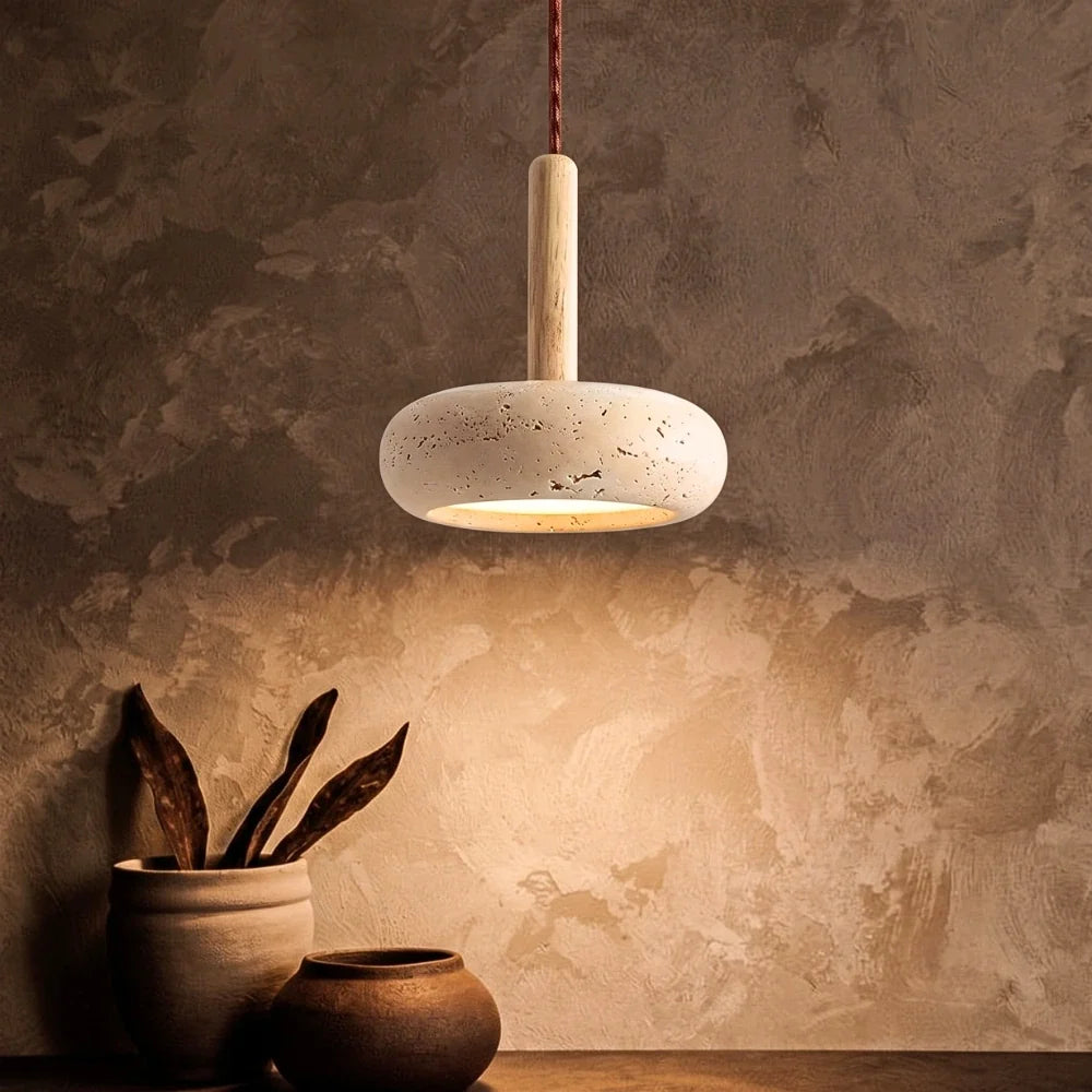 Osho Wabi Sabi Round Travertine and Wood Pendant Light