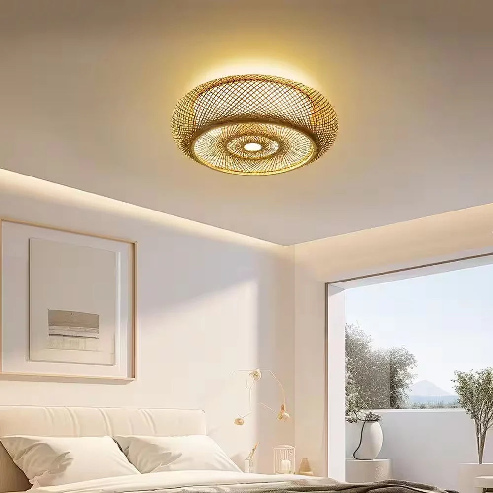 Oukaning Large Round Bamboo Pendant Light – Flush Mount Shade