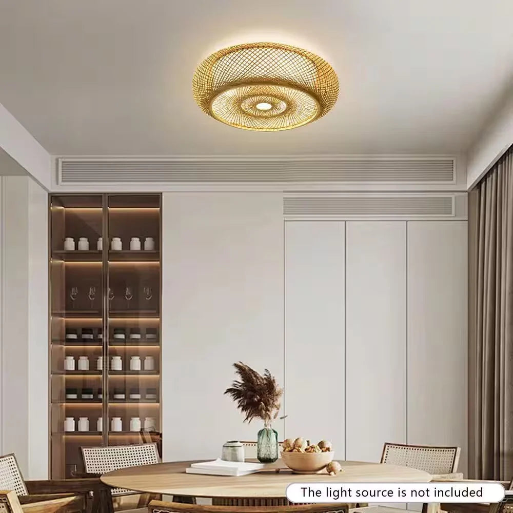 Oukaning Large Round Bamboo Pendant Light – Flush Mount Shade
