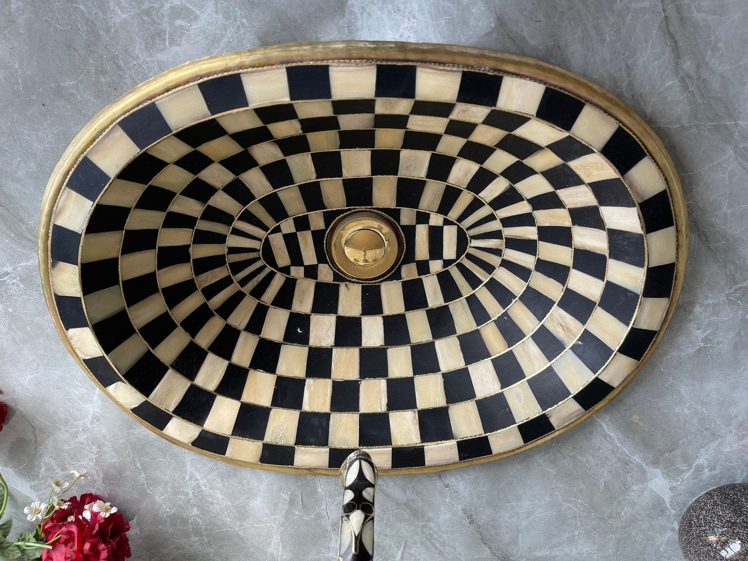 Oval Antique Brass Drop-in Sink - Handcrafted Resin & Bone Inlay Basin