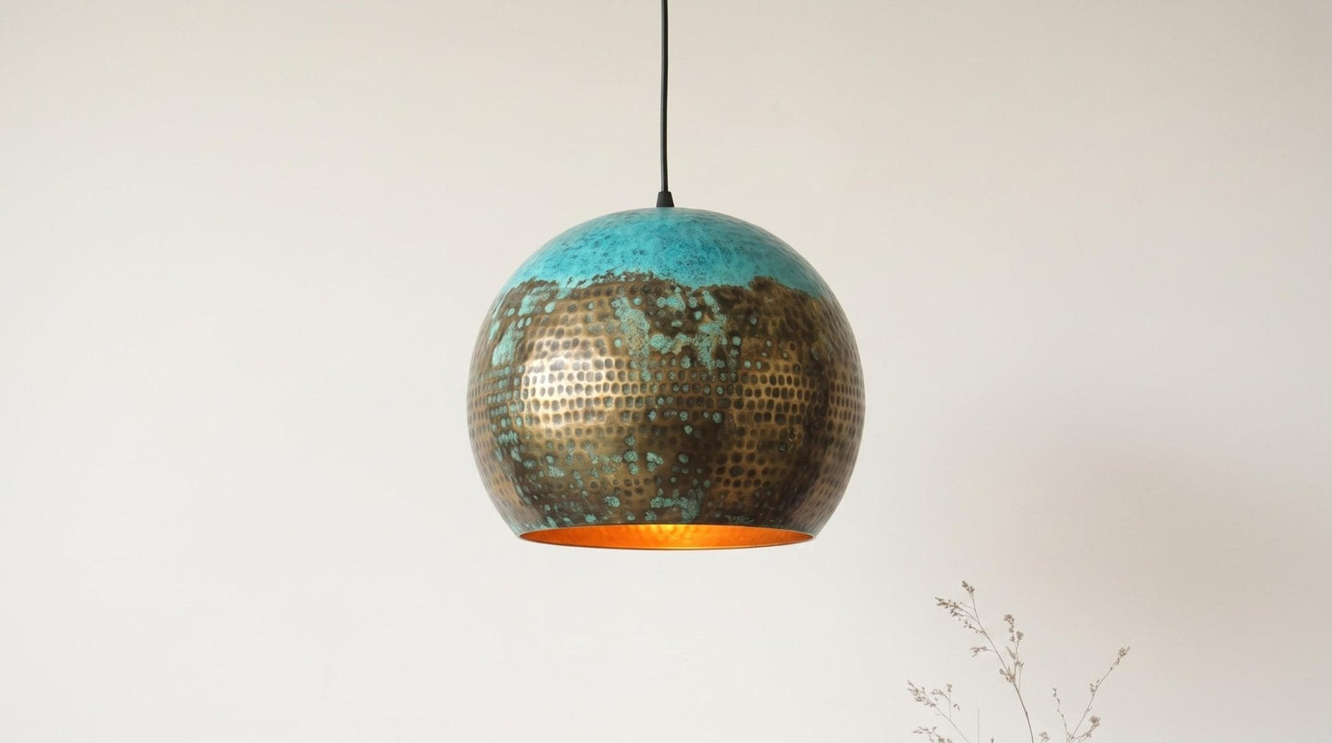 Oxidized Brass Dome Fixture - Hammered Brass Dome Chandelier - Teal Green Kitchen Island Lighting - Boho Farmhouse Dining Room Lamp