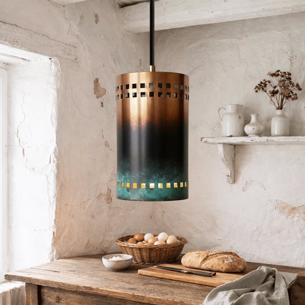Cylindrical copper pendant with gradient oxidation from warm copper to darkened surface and green patina base, square perforation bands near top and bottom, suspended above wooden table in plaster wall interior