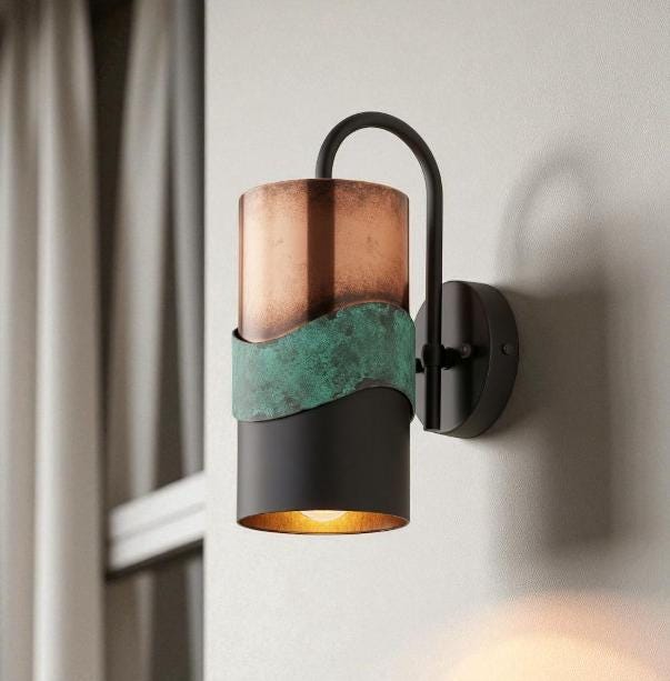 Oxidized Copper Cylinder Wall Sconce - Green Verdigris Patina
