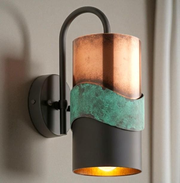 Oxidized Copper Cylinder Wall Sconce - Green Verdigris Patina