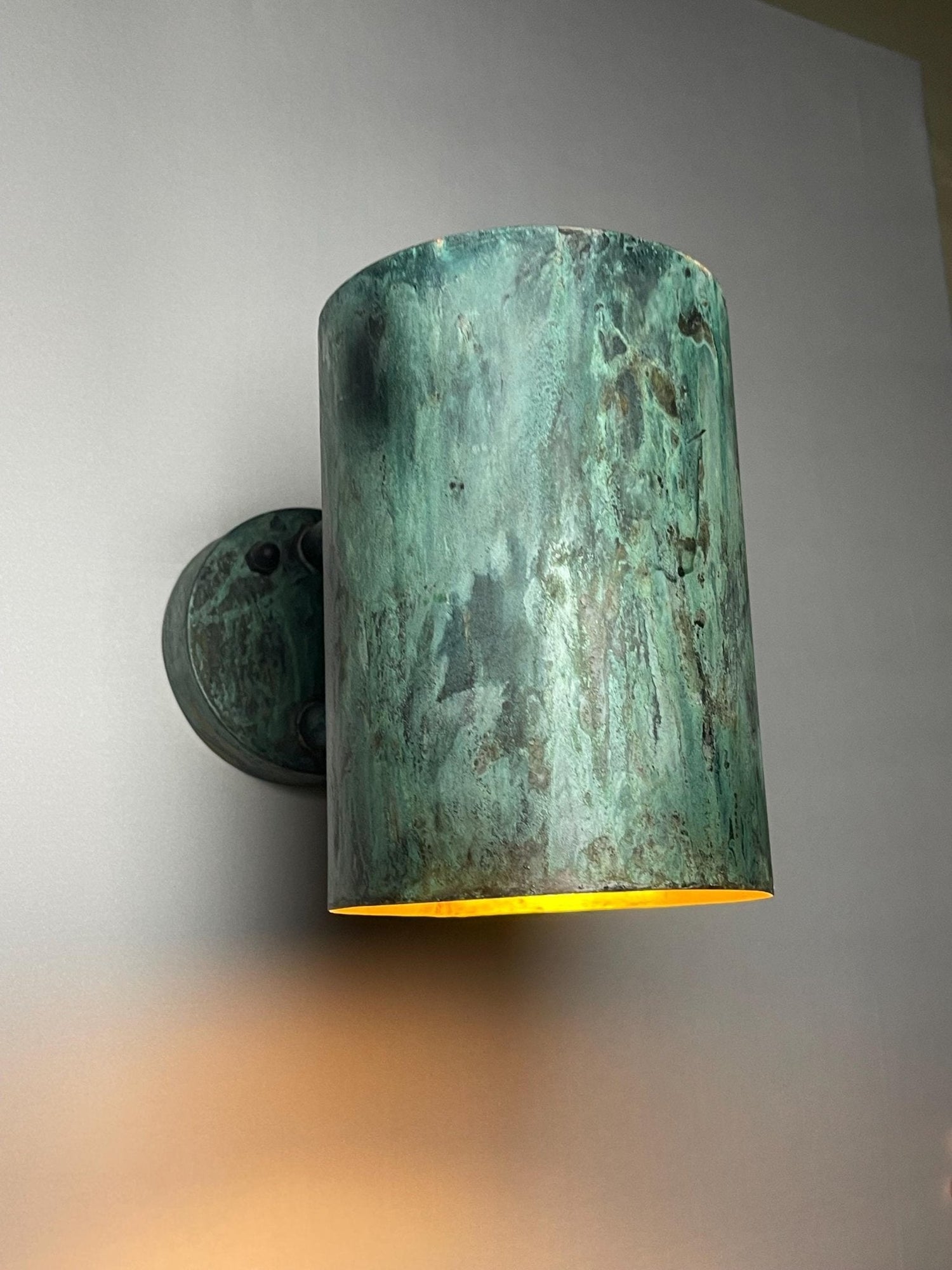 Oxidized Copper Cylinder Wall Sconce - Rustic Green Patina Light