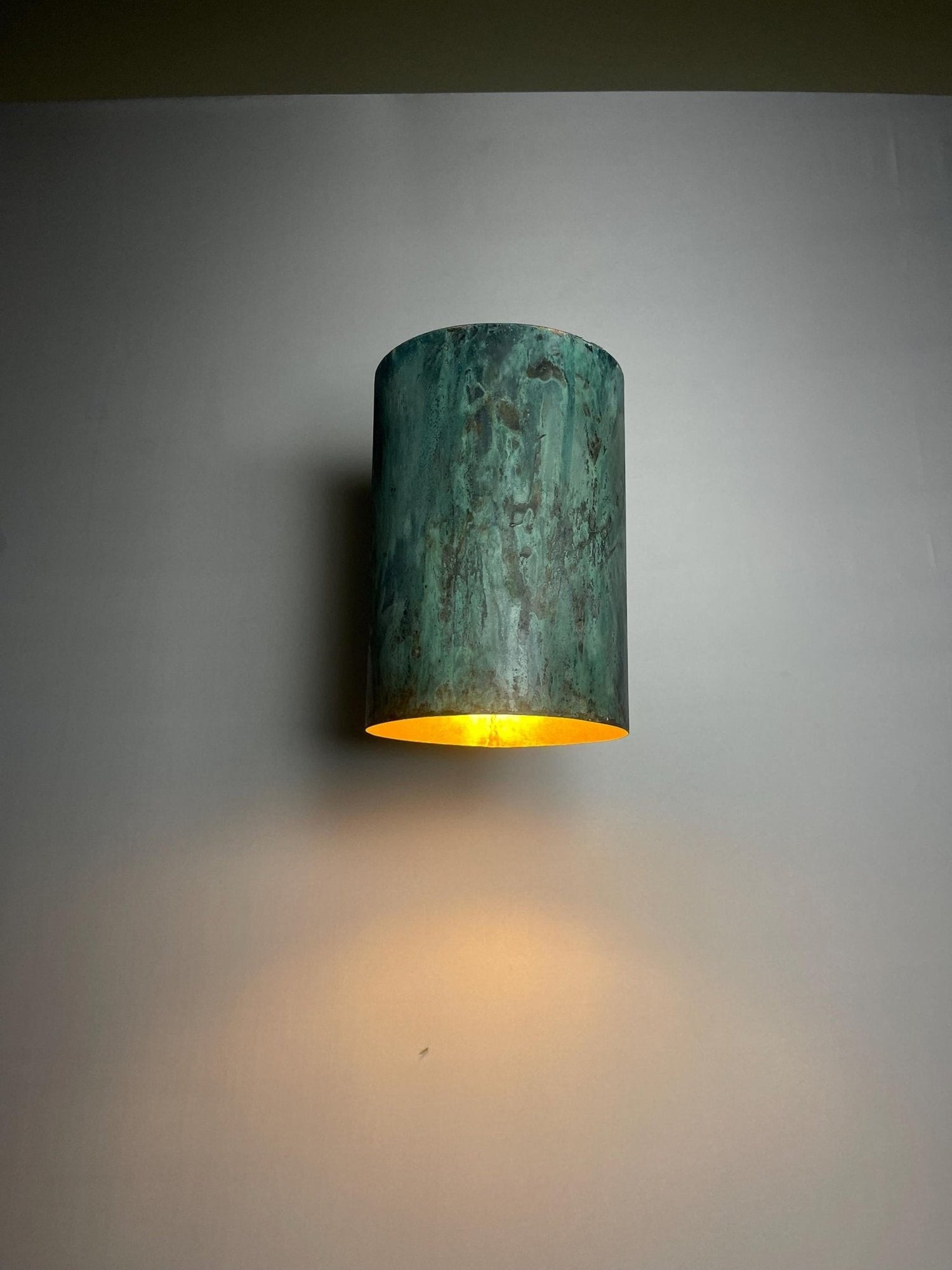 Oxidized Copper Cylinder Wall Sconce - Rustic Green Patina Light