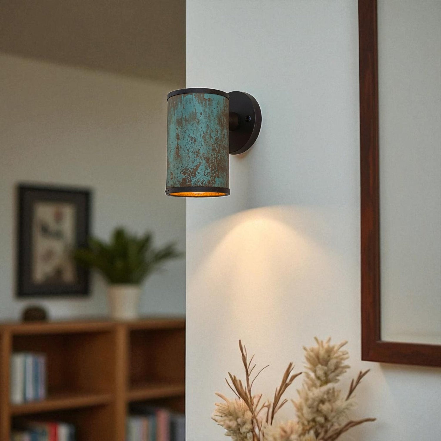 Oxidized Copper Wall Sconce - Handcrafted Cylinder Patina Light