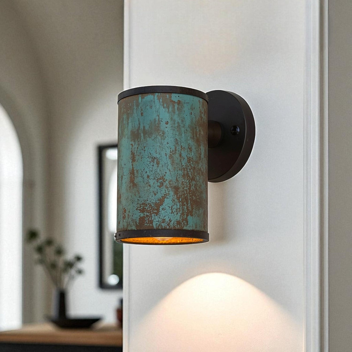 Oxidized Copper Wall Sconce - Handcrafted Cylinder Patina Light