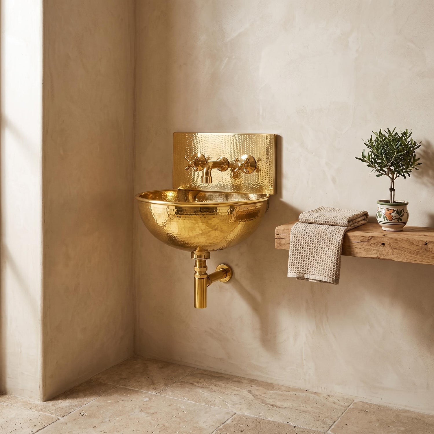 Polished Brass Wall Mount Sink: Handcrafted Rustic Bathroom Fixture unlacquered brass faucet