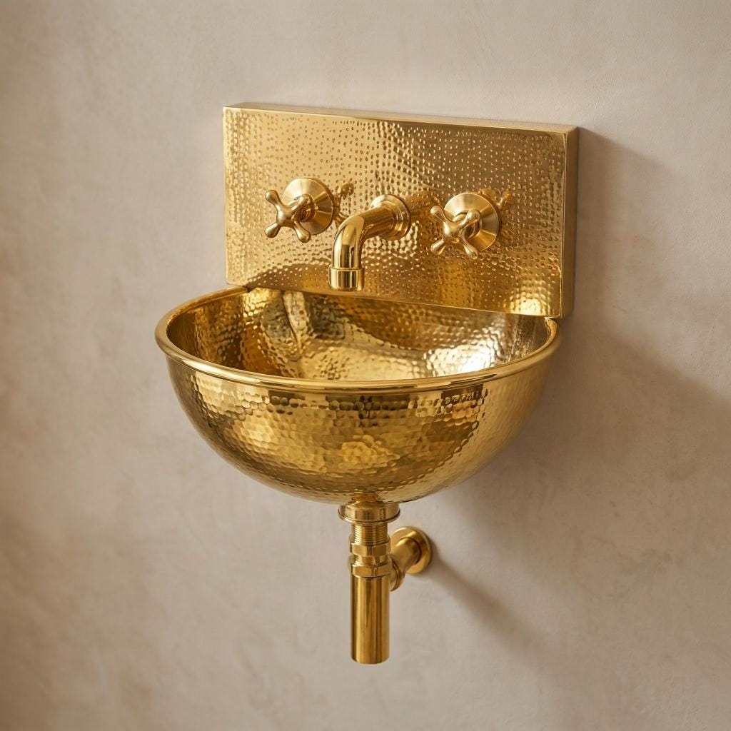 Polished Brass Wall Mount Sink: Handcrafted Rustic Bathroom Fixture unlacquered brass faucet