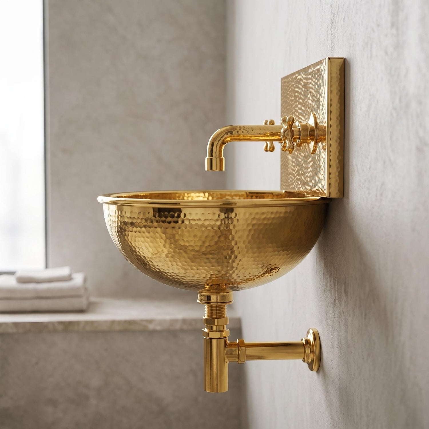 Polished Brass Wall Mount Sink: Handcrafted Rustic Bathroom Fixture unlacquered brass faucet