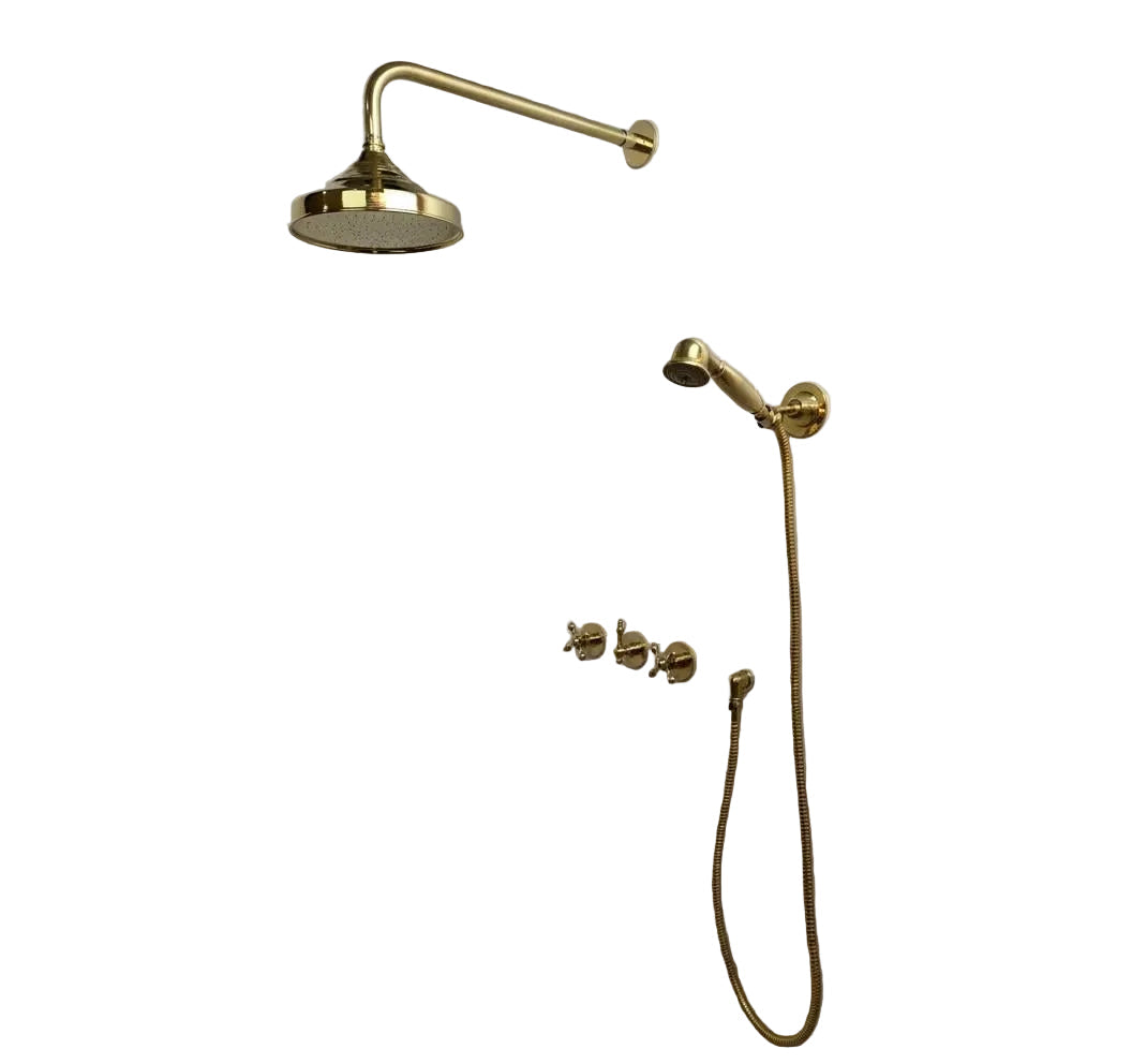Premium Unlacquered Brass Wall-Mount Shower System with Handheld Sprayer
