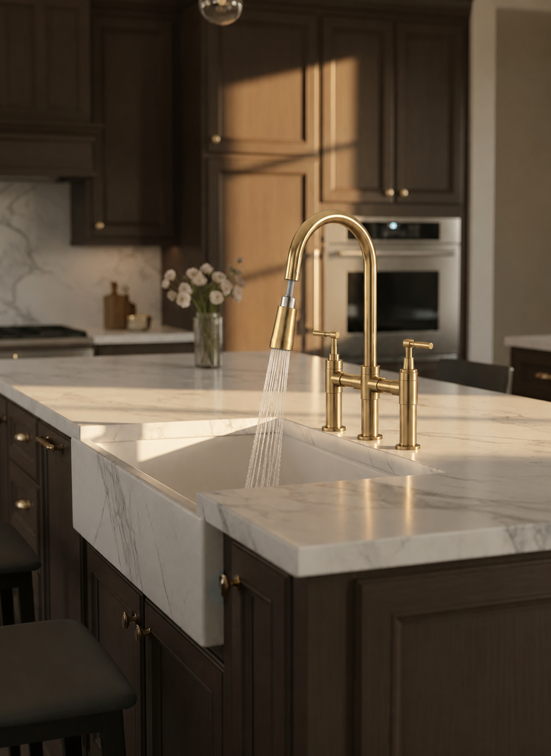 Solid Brass Bridge Kitchen Faucet with Pull Down Sprayer