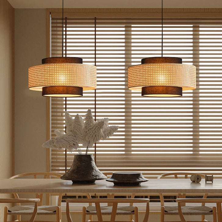 Nivara Black and Rattan Drum Pendant Light