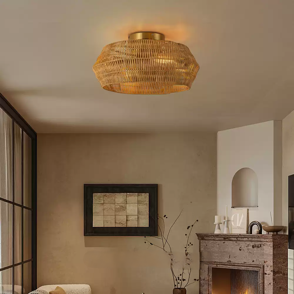 Rennnsan Boho Rattan Wicker Drum Light - Semi Flush Mount