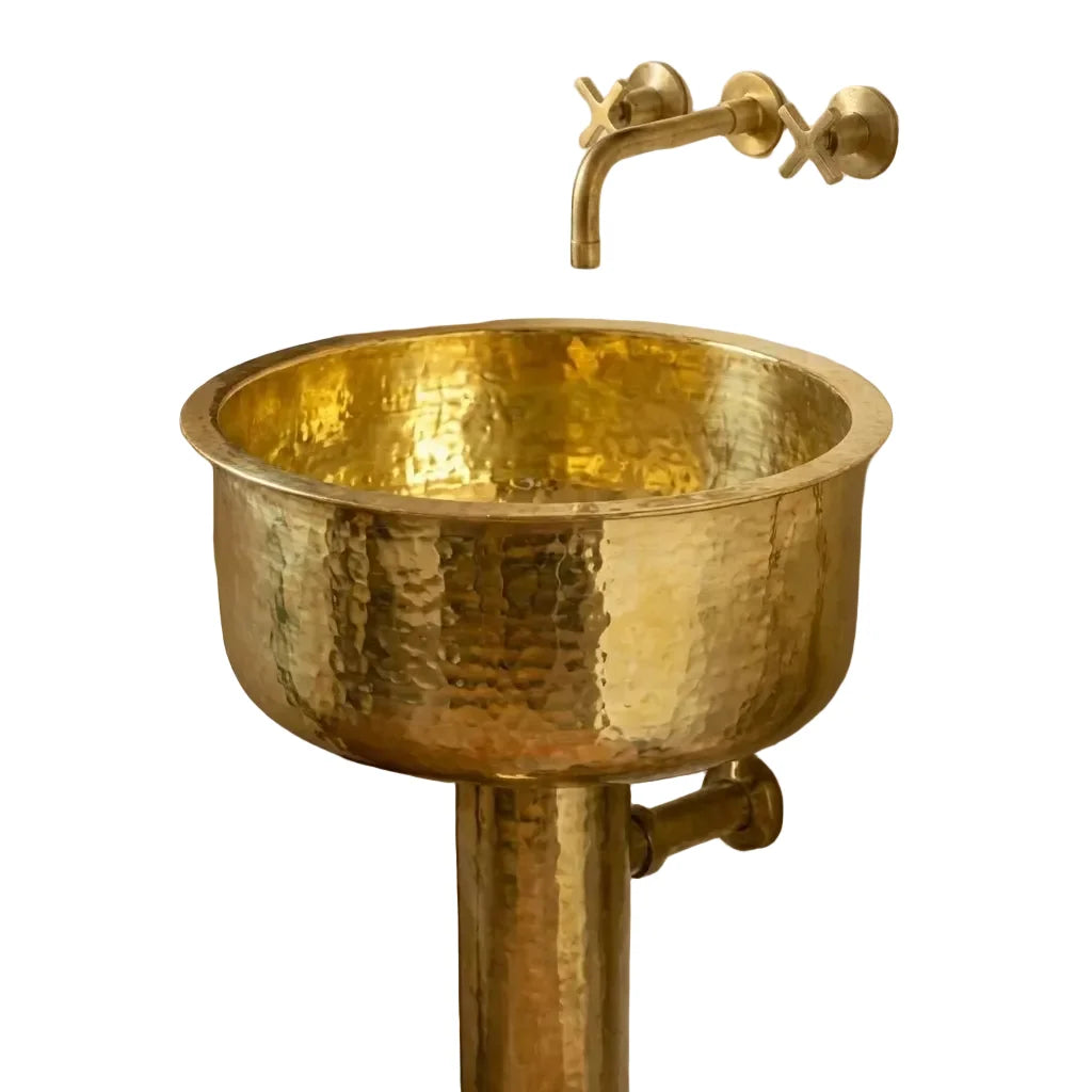 Round Hammered Brass Pedestal Sink – Handmade Unlacquered Vintage Basin