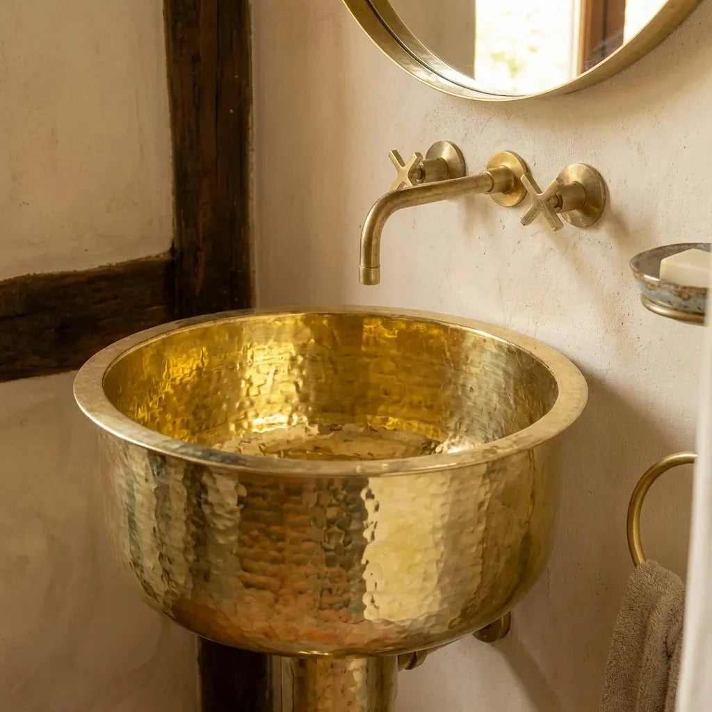 Round Hammered Brass Pedestal Sink – Handmade Unlacquered Vintage Basin