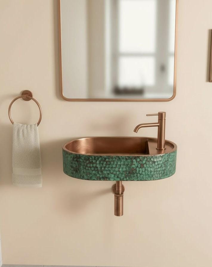 Rustic Antique Copper Washbasin, Floating Green Patina Sink - Wall Mounted Oval Basin, Hammered Vessel Sink, Farmhouse Bathroom