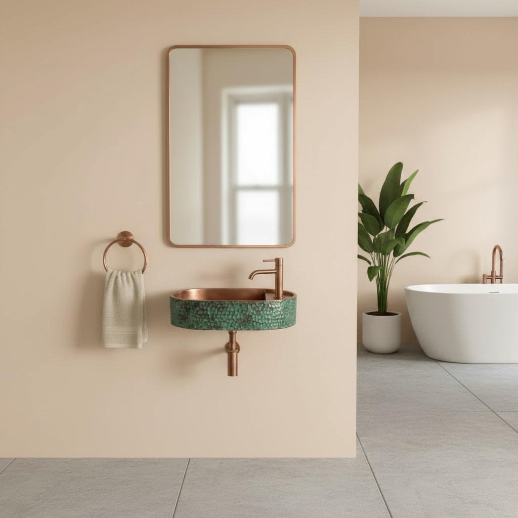 Rustic Antique Copper Washbasin, Floating Green Patina Sink - Wall Mounted Oval Basin, Hammered Vessel Sink, Farmhouse Bathroom