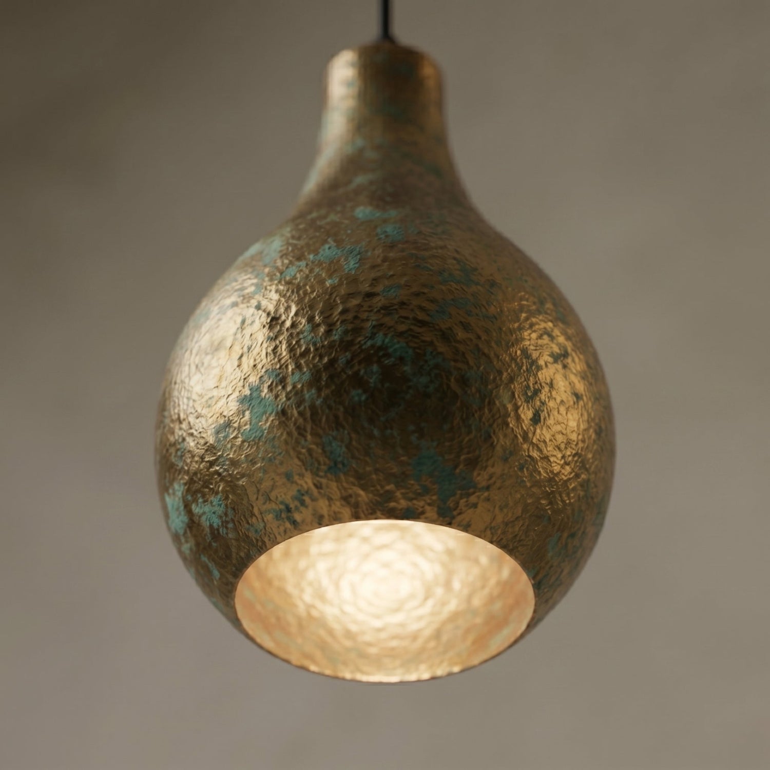 Rustic Brass Teardrop Pendant Light - Hammered Verdigris Ceiling Lamp
