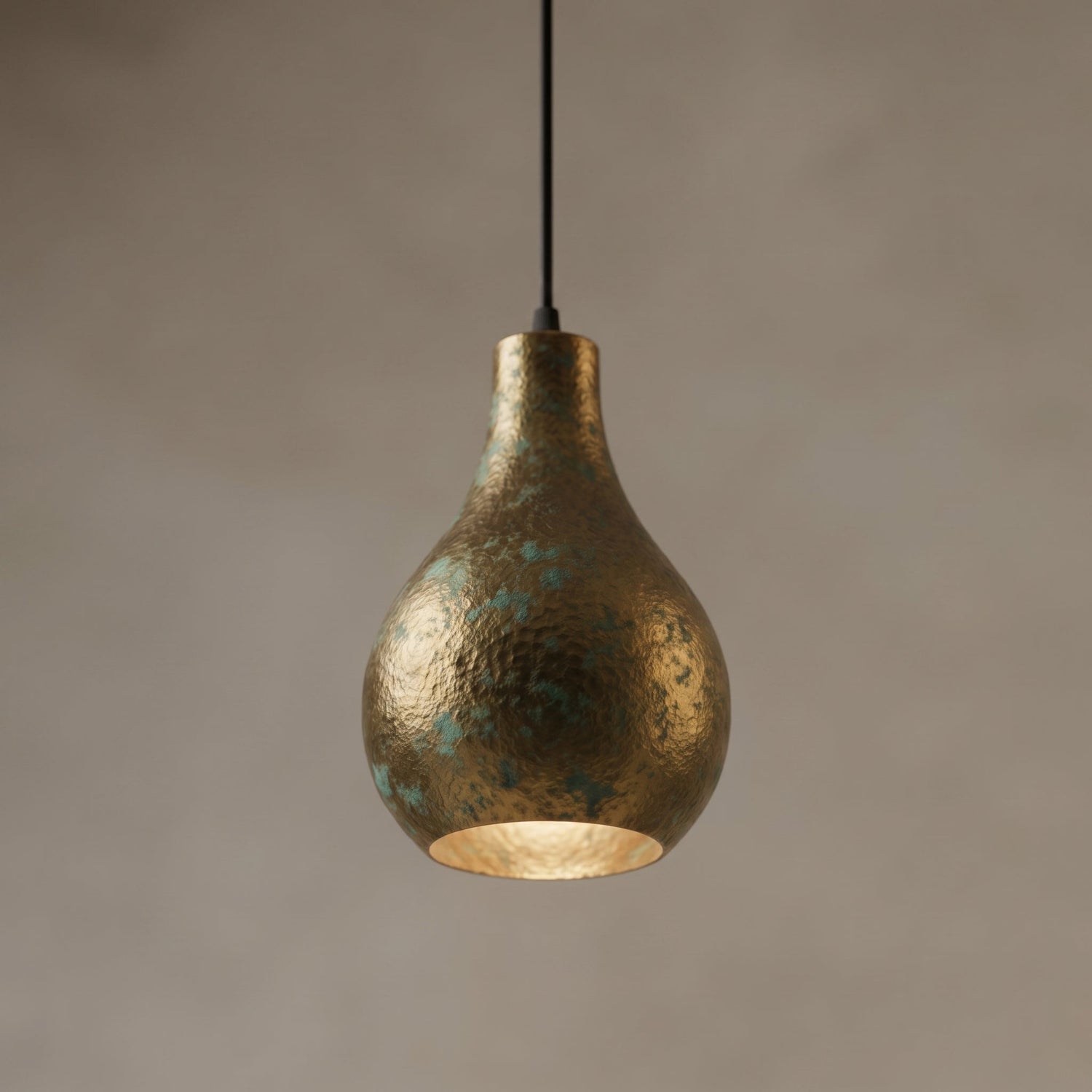 Rustic Brass Teardrop Pendant Light - Hammered Verdigris Ceiling Lamp