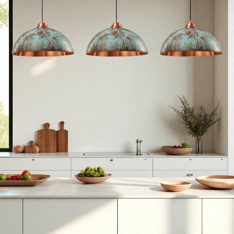 Rustic Copper Dome Pendant Light - Aged Patina Finish