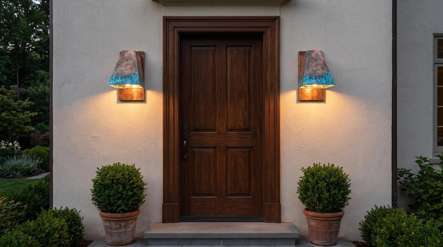 Rustic copper Outdoor Wall Sconce, Turquoise Green Patina Sconce, Architectural Geometric Entryway Light, Luxury Indoor Wall Lamp