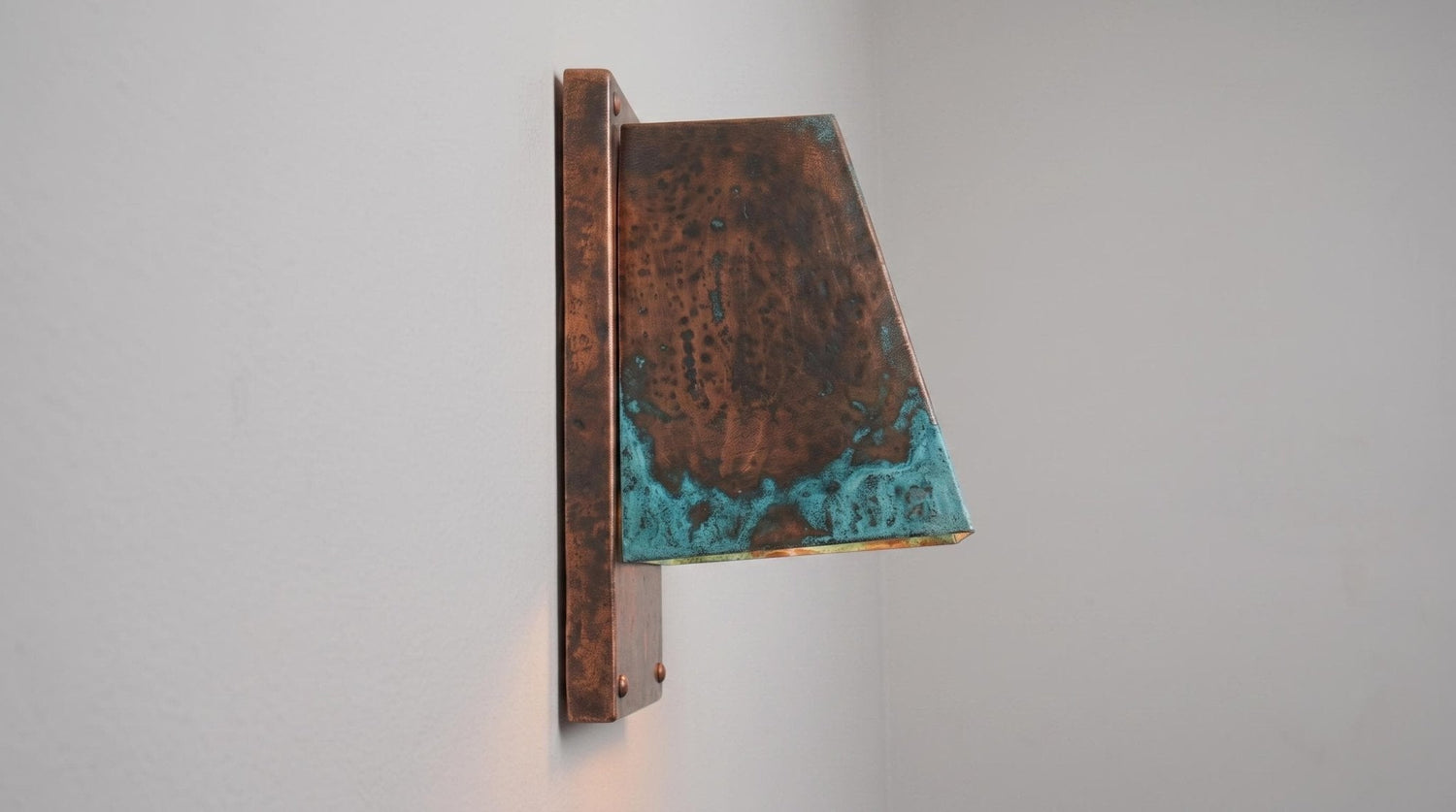 Rustic copper Outdoor Wall Sconce, Turquoise Green Patina Sconce, Architectural Geometric Entryway Light, Luxury Indoor Wall Lamp