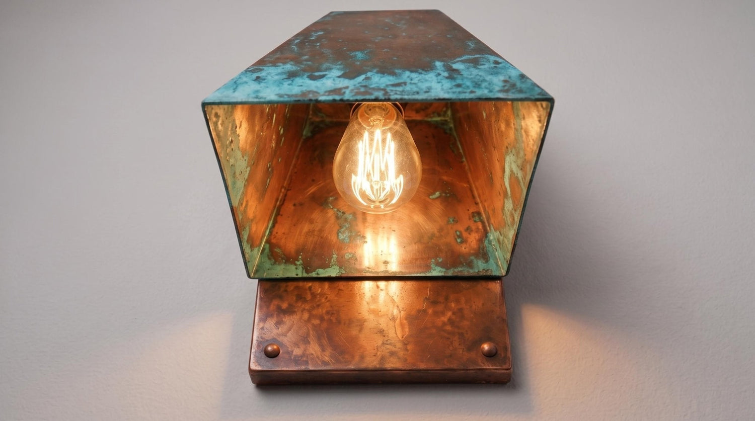 Rustic copper Outdoor Wall Sconce, Turquoise Green Patina Sconce, Architectural Geometric Entryway Light, Luxury Indoor Wall Lamp