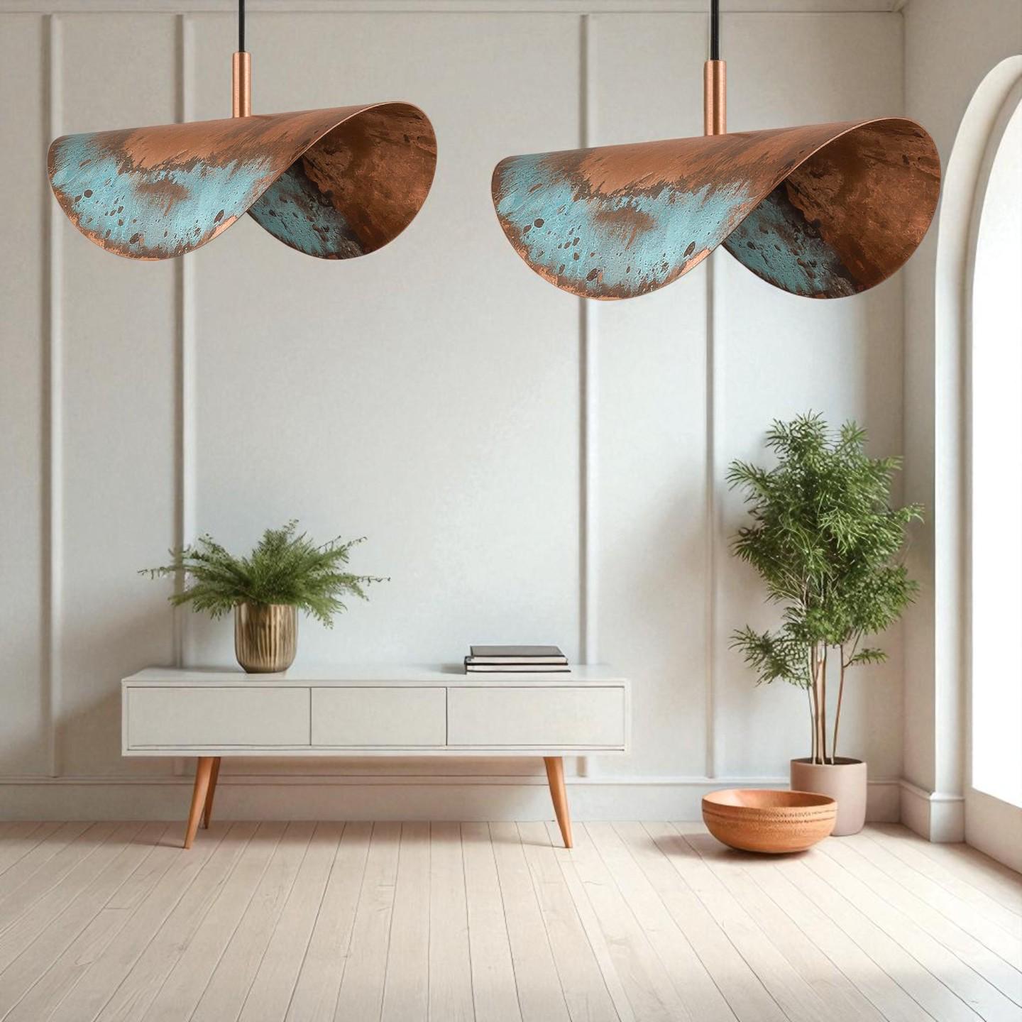 Rustic Copper Patina Pendant Light: Wavy Industrial Hanging Lamp
