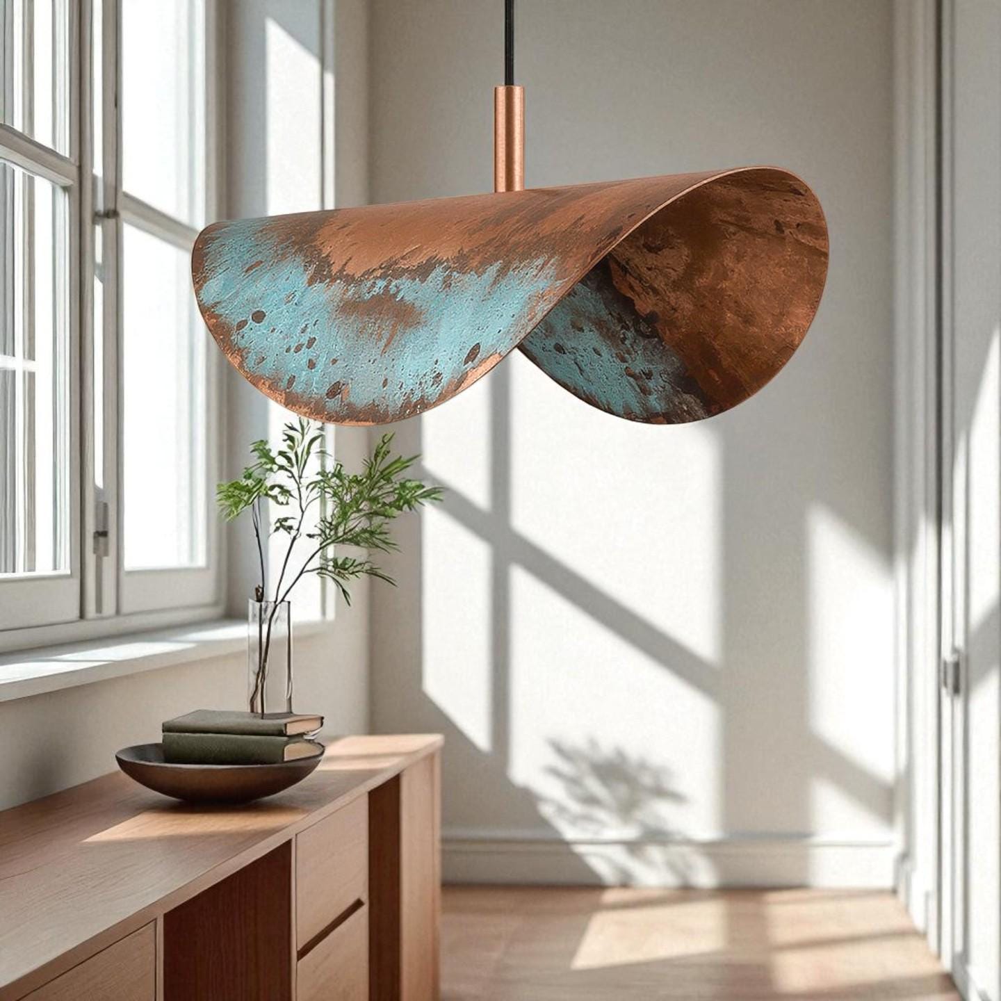 Rustic Copper Patina Pendant Light: Wavy Industrial Hanging Lamp